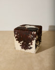 Genuine Cowhide Cube Ottoman – Tri-Color Brown & White Hair-on-Hide Footstool