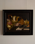 Gilded Still Life – Moody Vintage Oil Painting of Tea Service & Curiosities