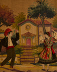 Vintage Framed European Folk Art Tapestry Wall Hanging – Village Festival Scene