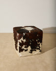 Genuine Cowhide Cube Ottoman – Tri-Color Brown & White Hair-on-Hide Footstool