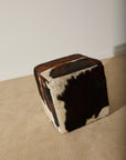 Genuine Cowhide Cube Ottoman – Tri-Color Brown & White Hair-on-Hide Footstool