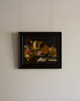 Gilded Still Life – Moody Vintage Oil Painting of Tea Service & Curiosities