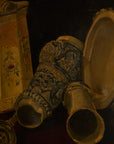Antique Tabletop Still Life: Ceramic Vessels & Pewter