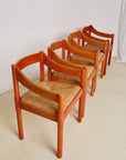 Set of x4 Original Red Stain Carimate Carver Chairs by Vico Magistretti