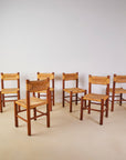 Set of x6 French Mid Century Wood and Rush Dining Chairs