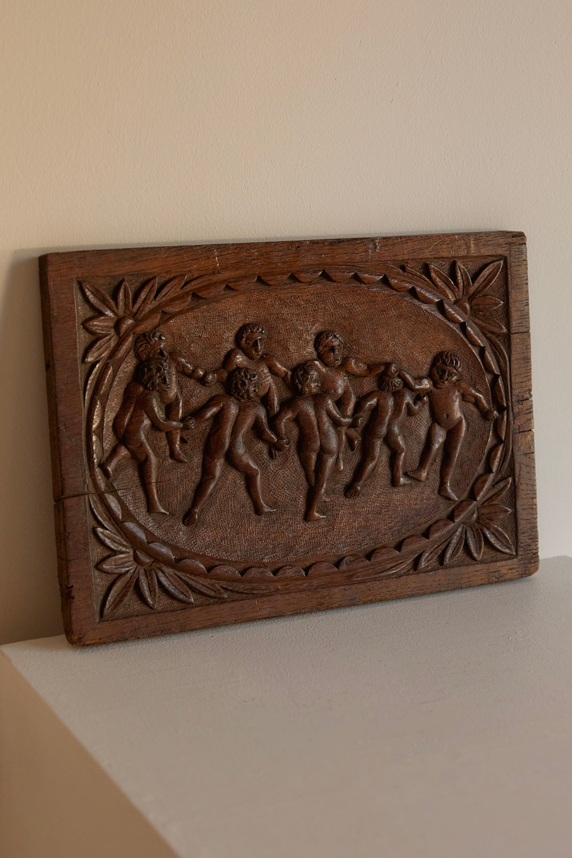 Antique 19th Century Hand-Carved Solid Oak Wooden Relief Plaque – Dancing Cherubs