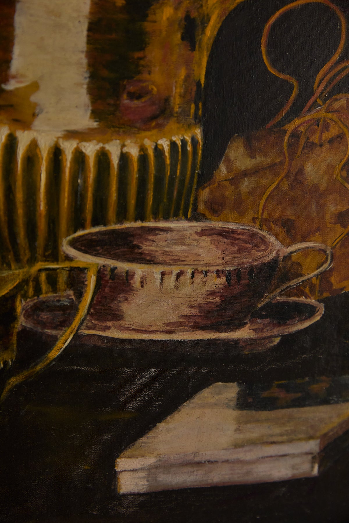 Gilded Still Life – Moody Vintage Oil Painting of Tea Service &amp; Curiosities