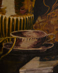 Gilded Still Life – Moody Vintage Oil Painting of Tea Service & Curiosities