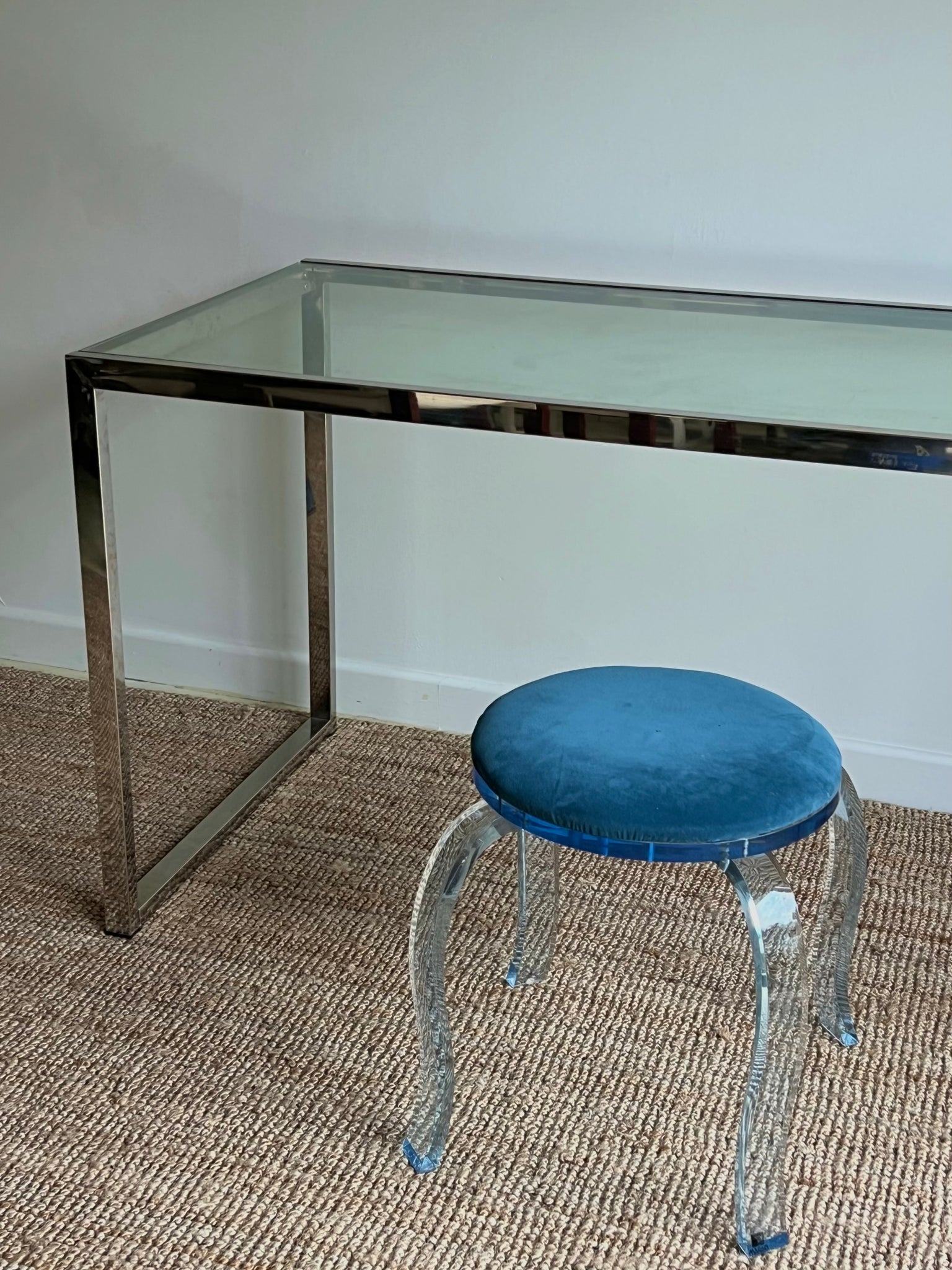 Blue Lucite and Velvet Stool