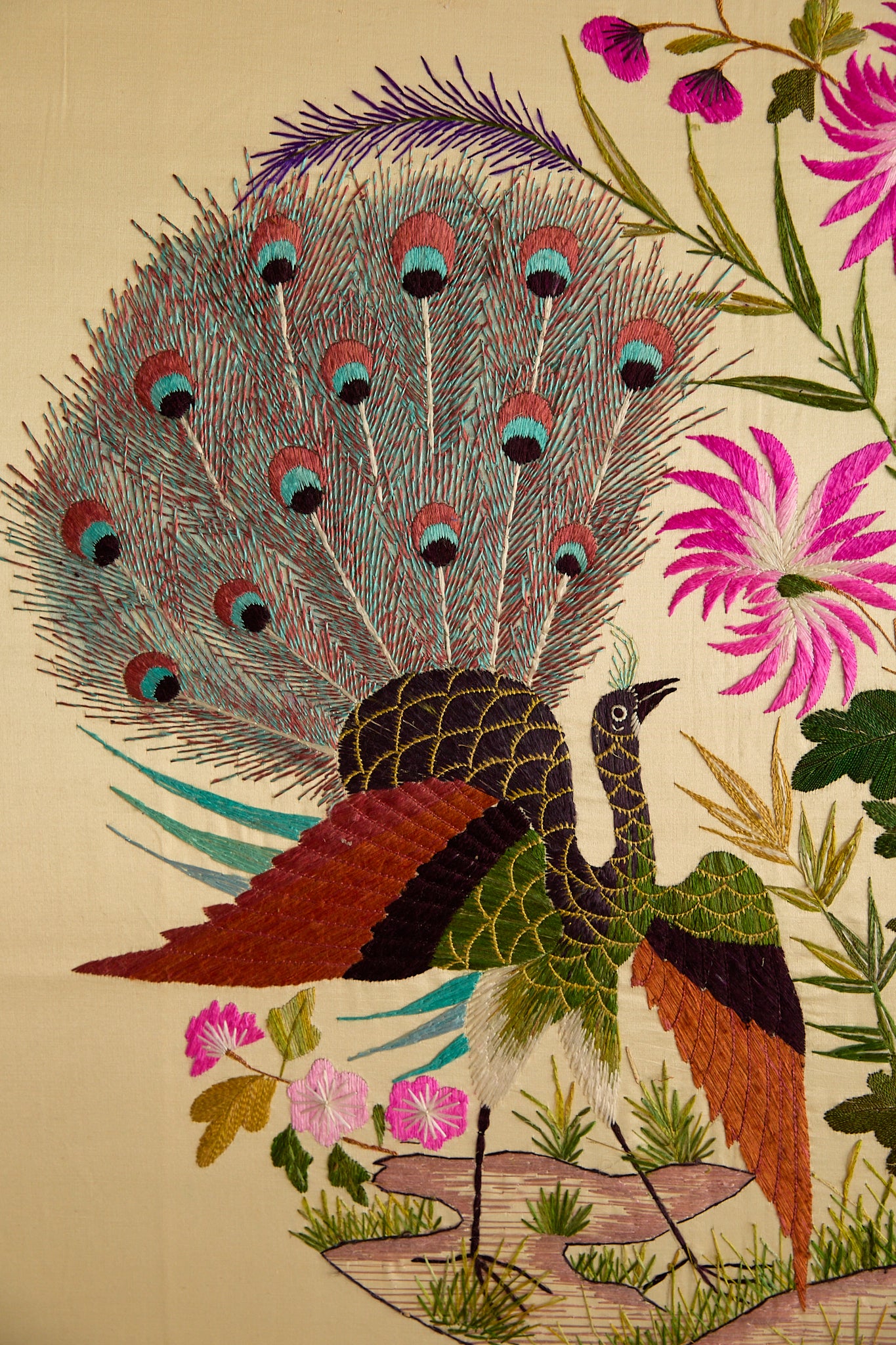 Vintage Large Framed Chinese Silk Embroidery Panel – Peacock &amp; Peony Floral Border