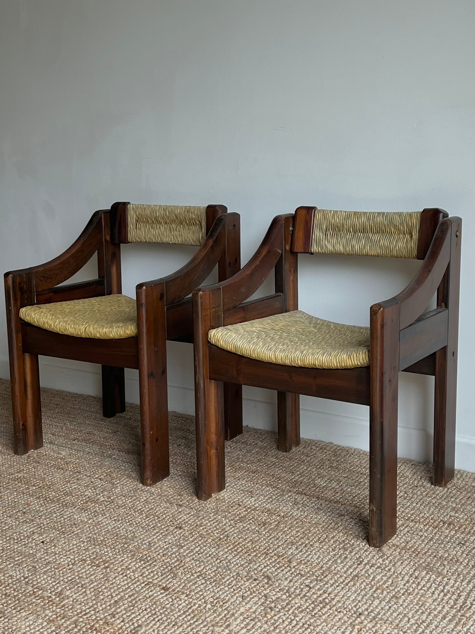 Mid-Century Brutalist Pine and Straw Chairs by Fratelli Montina, Italy, 1960s