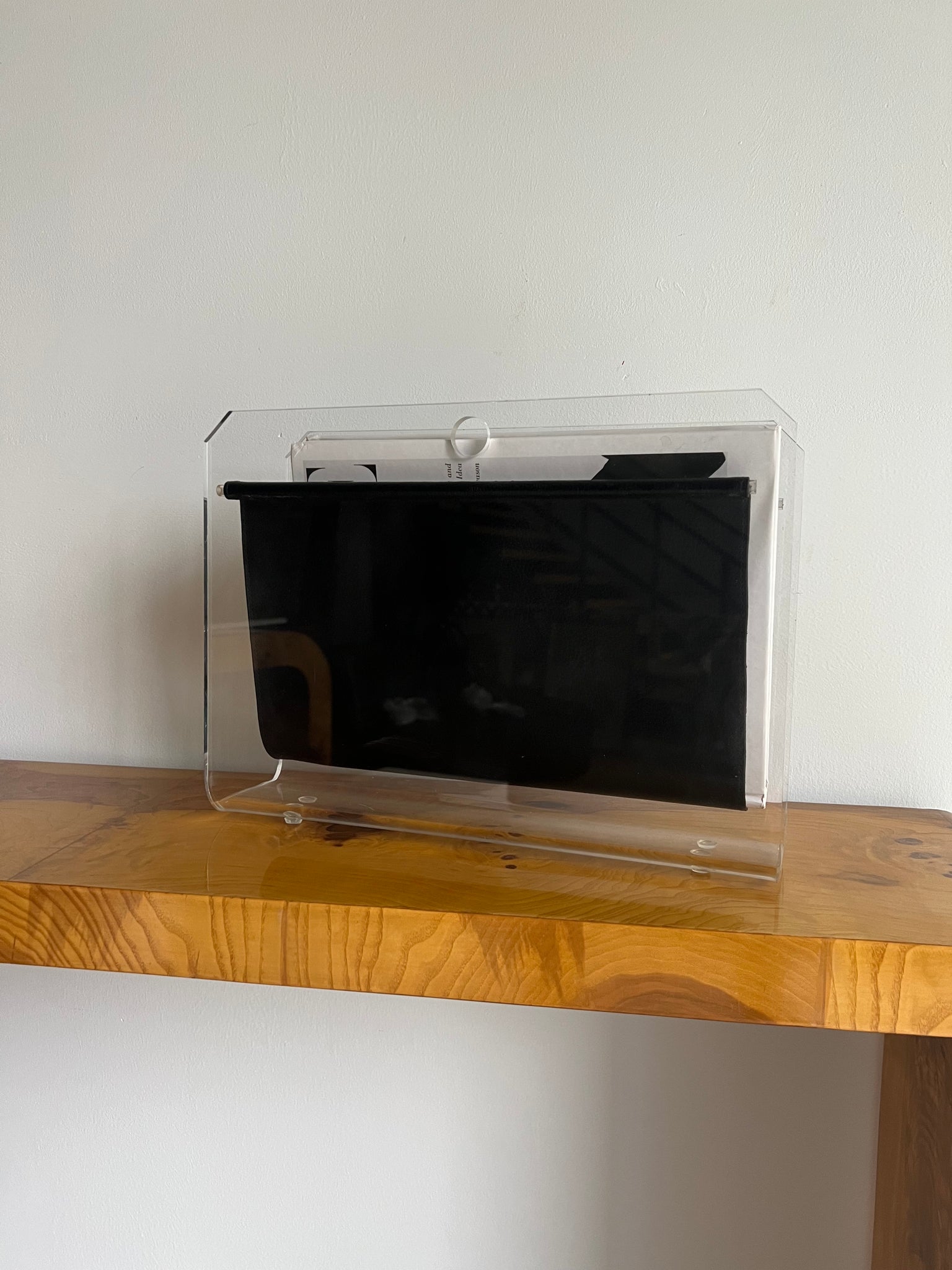 Mid Century Lucite and Leather Magazine Rack