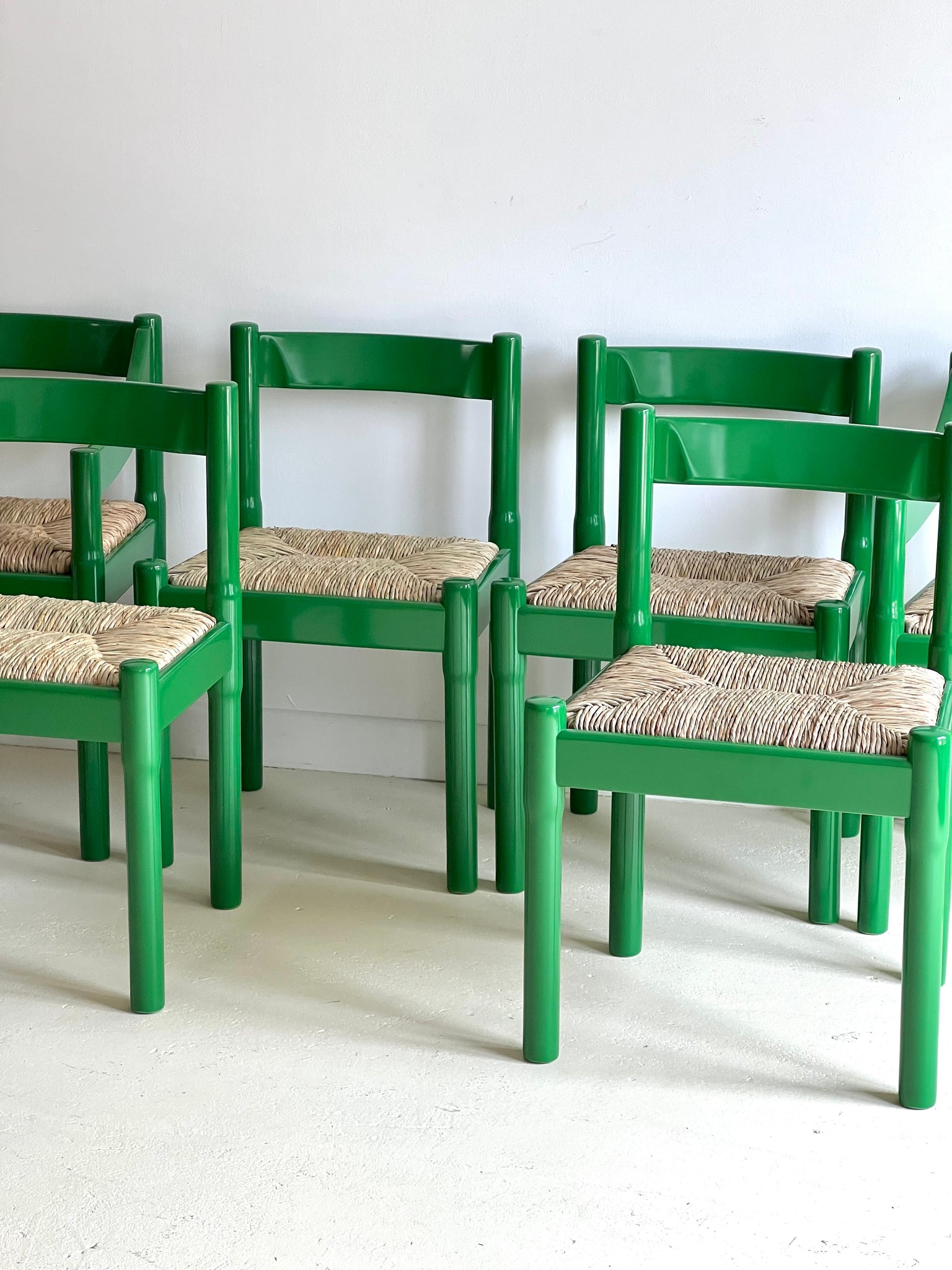 Set of x6 Glossy Green Carimate Chairs by Vico Magistretti