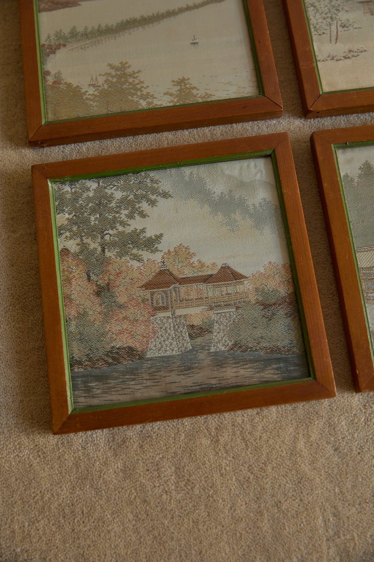 Vintage Japanese Hand-Embroidered Silk Landscape Art – Framed Set of 6