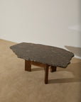 Primitive Orthoceras Fossil Cocktail Table – Devonian Limestone Slab on Wood Trestle Base