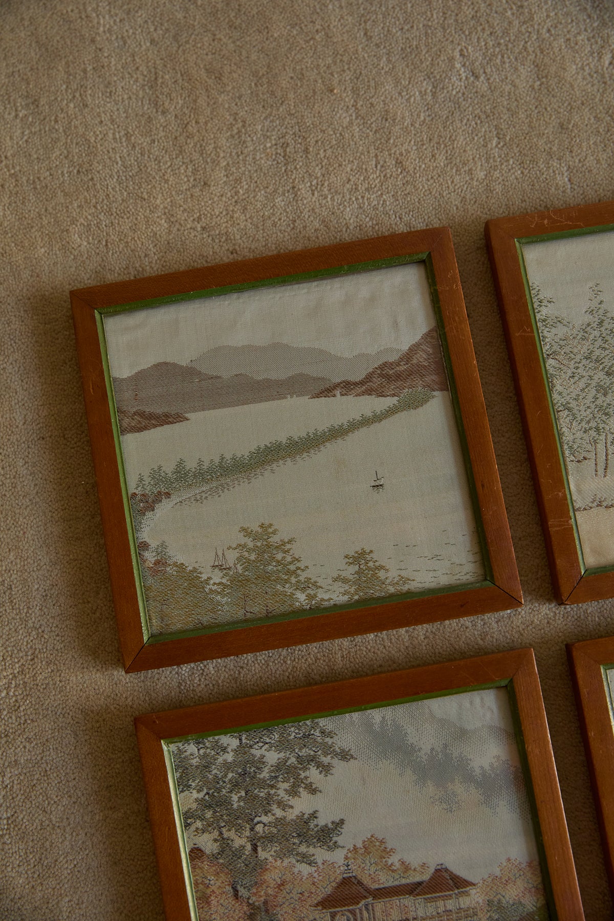 Vintage Japanese Hand-Embroidered Silk Landscape Art – Framed Set of 6