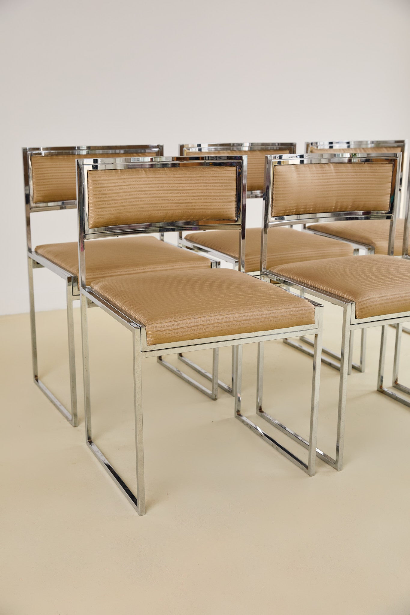 Set of x6 Willy Rizzo Chrome Dining Chairs With Prada Fabric