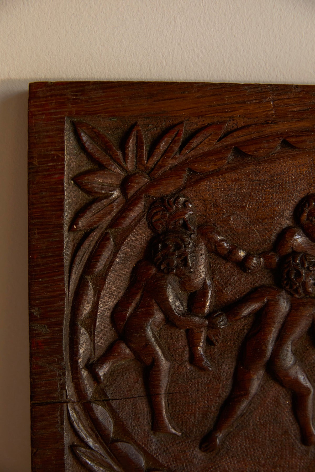 Antique 19th Century Hand-Carved Solid Oak Wooden Relief Plaque – Dancing Cherubs