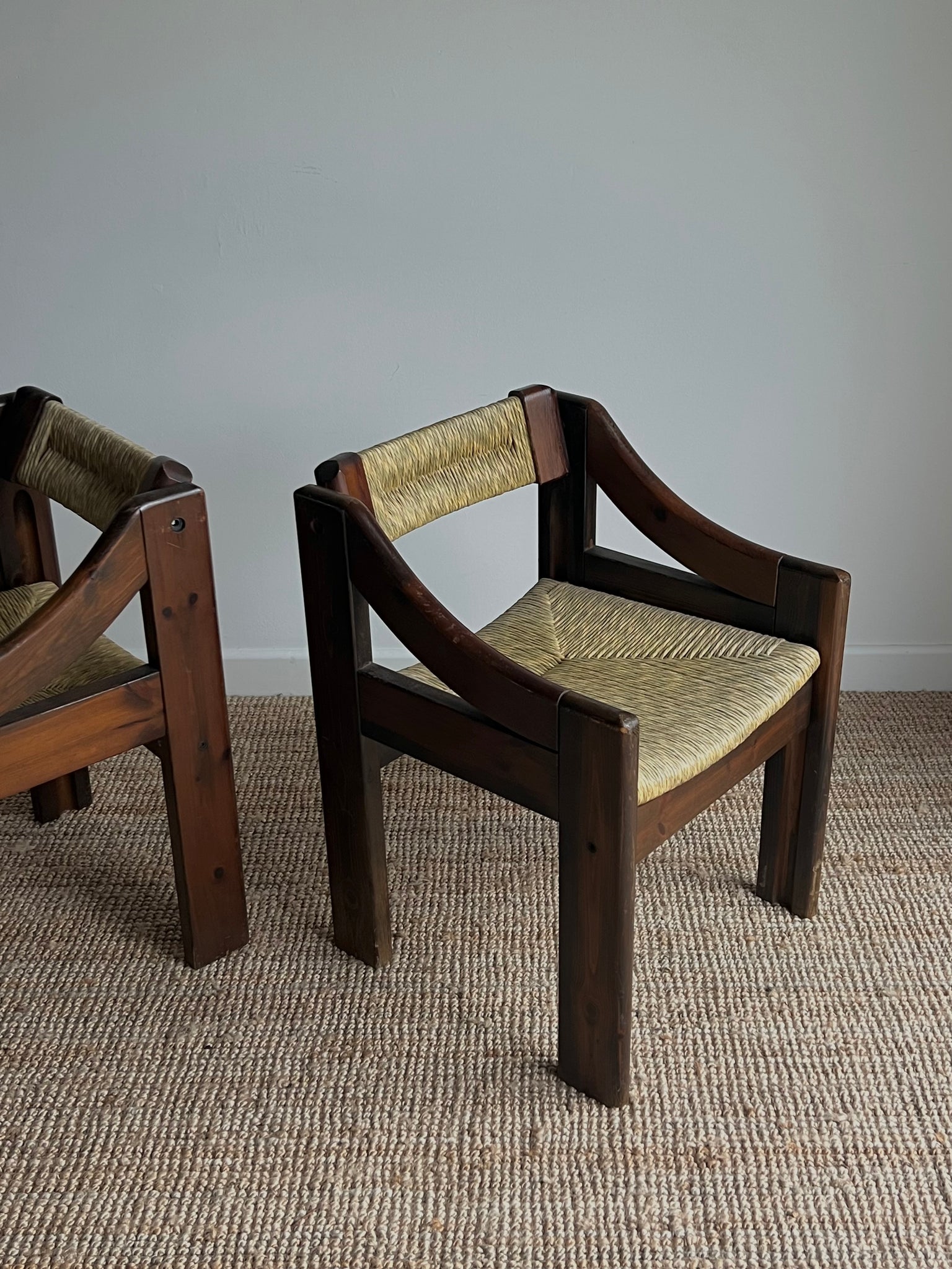 Mid-Century Brutalist Pine and Straw Chairs by Fratelli Montina, Italy, 1960s