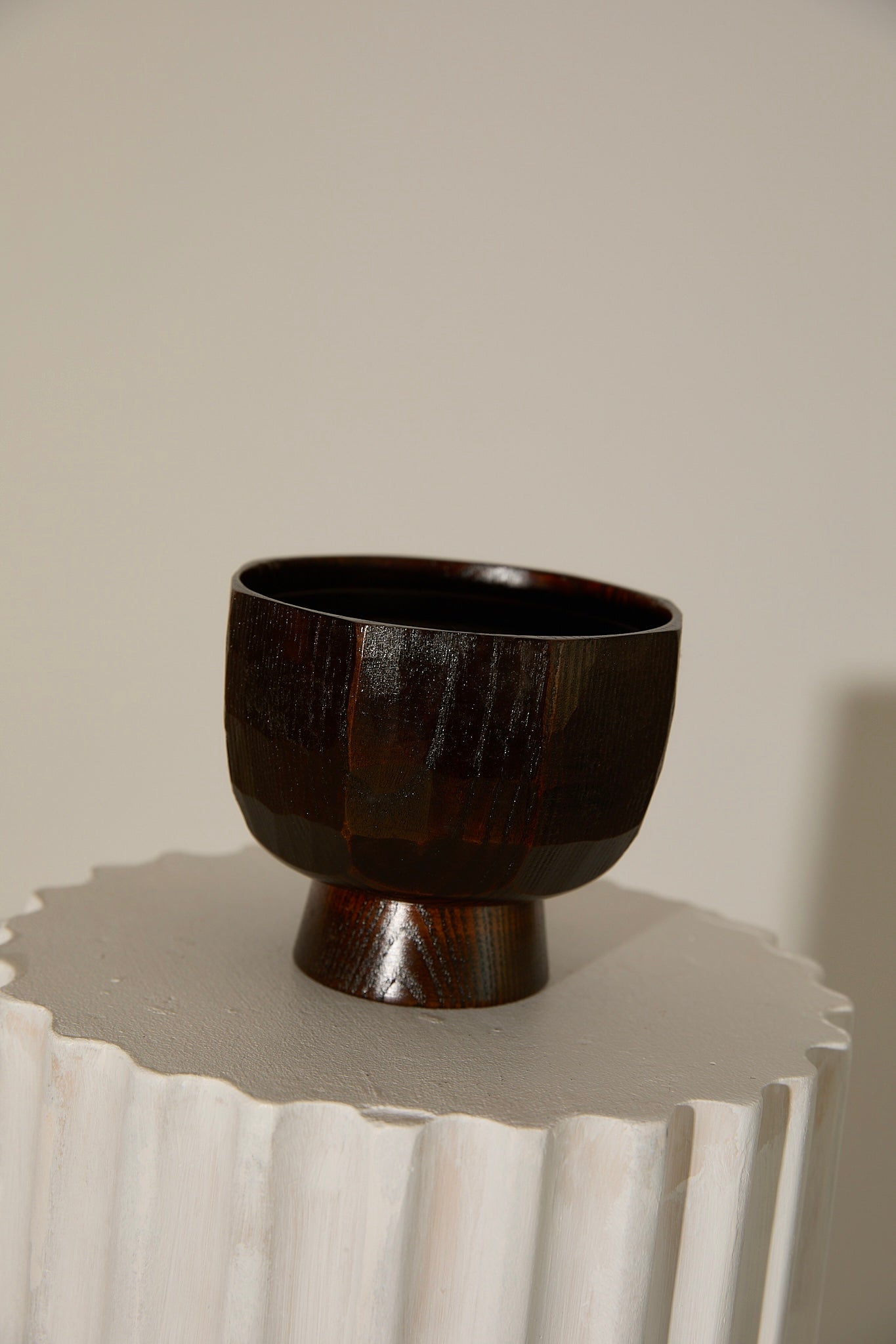 Vintage Japanese Hand Carved Zelkova Wood Pedestal Bowl