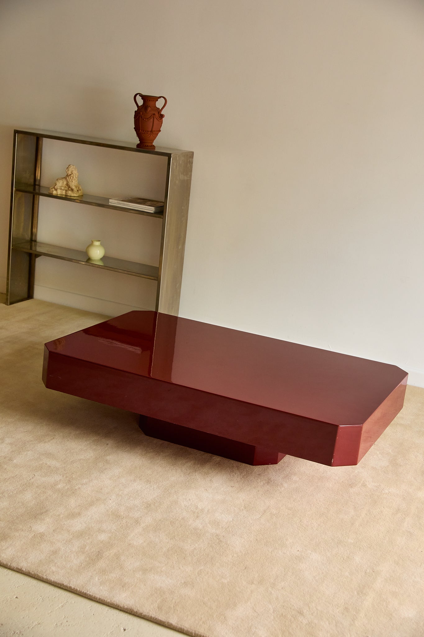 Vintage French Red Lacquered Floating Coffee Table with Canted Corners (c. 1970s)