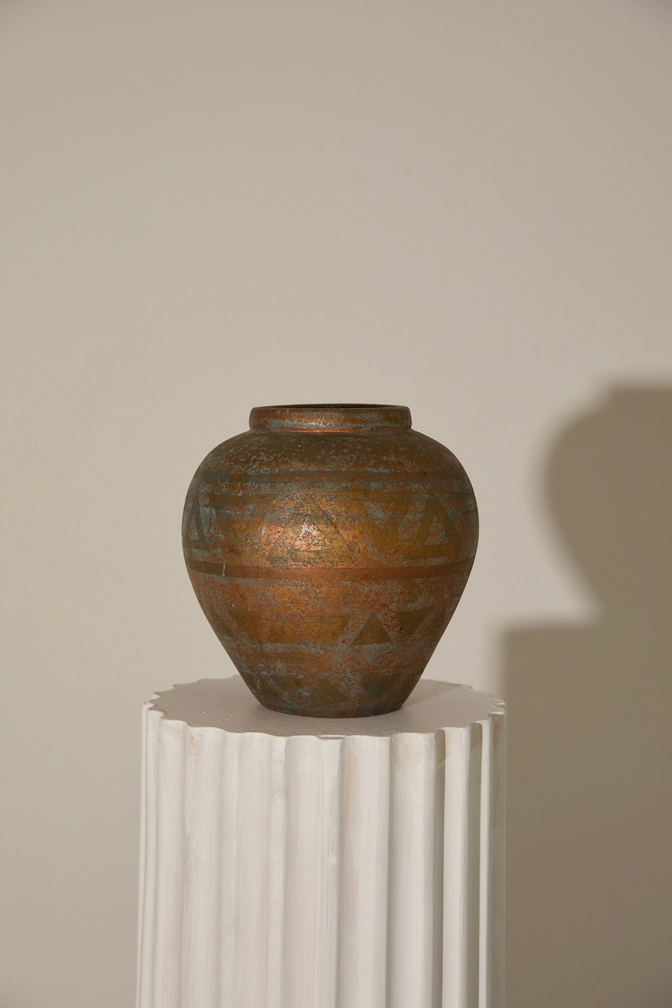 Vintage Mid-Century Japanese Patinated Bronze Ceramic Geometric Vase