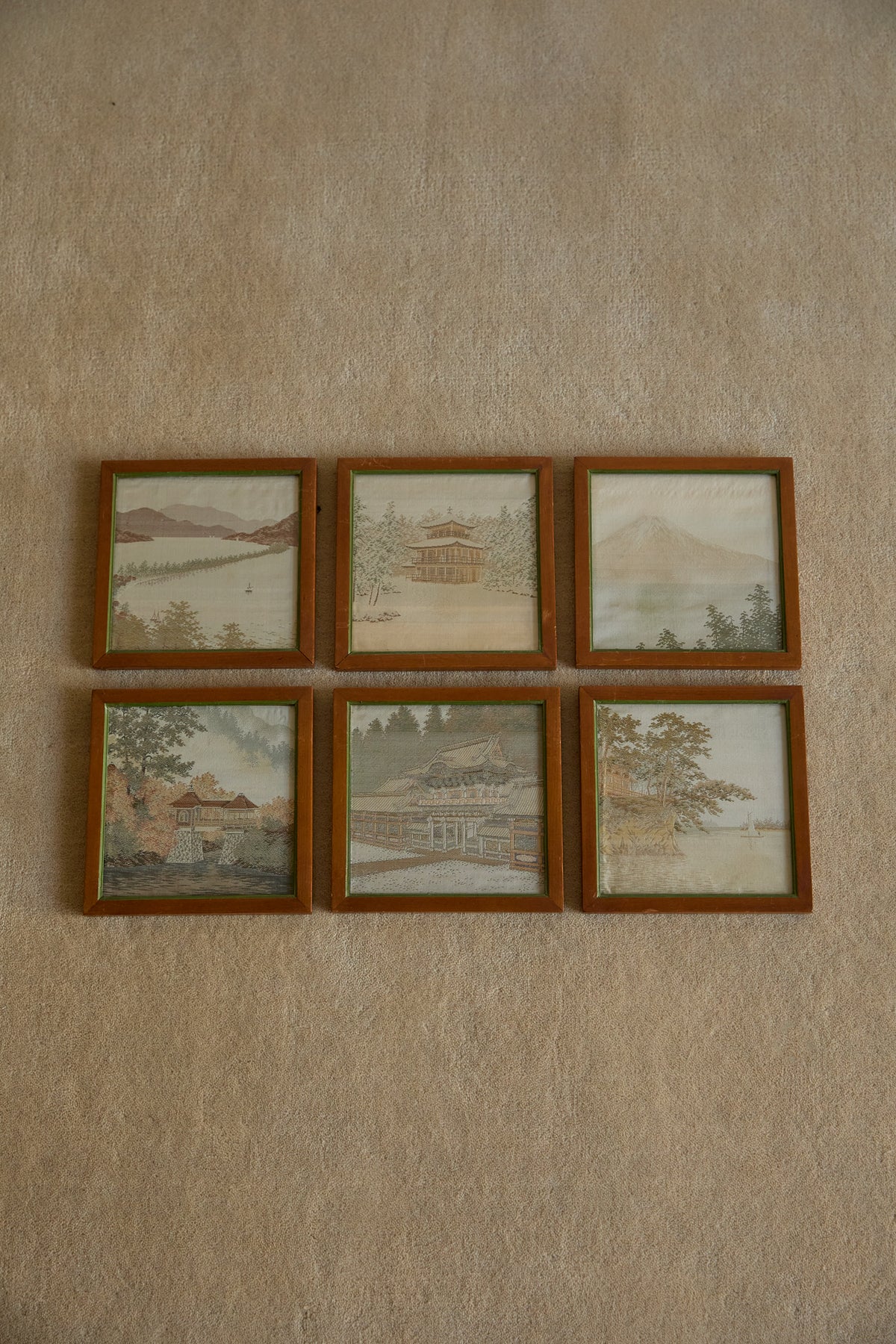 Vintage Japanese Hand-Embroidered Silk Landscape Art – Framed Set of 6