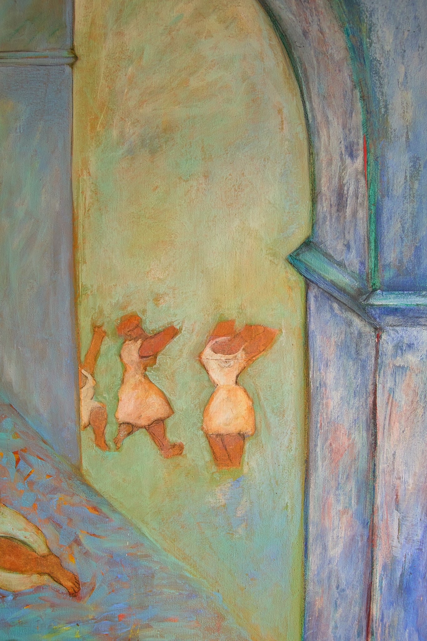 Large 1989 French Postmodern Neo-Symbolist Painting – Vestales dans les Jardins by B. Blanc-Fontonille