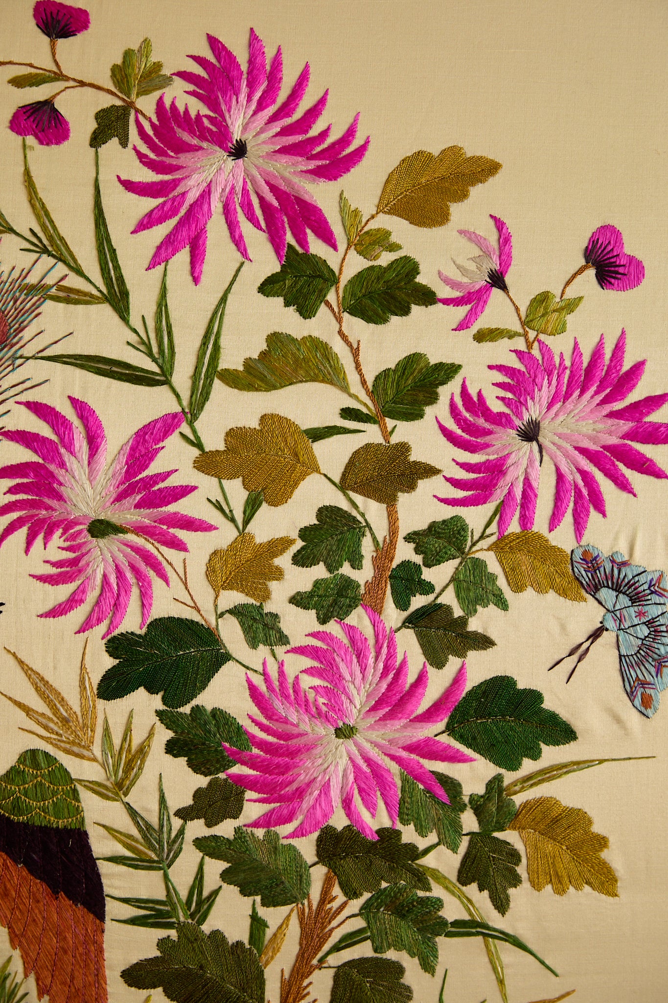 Vintage Large Framed Chinese Silk Embroidery Panel – Peacock &amp; Peony Floral Border
