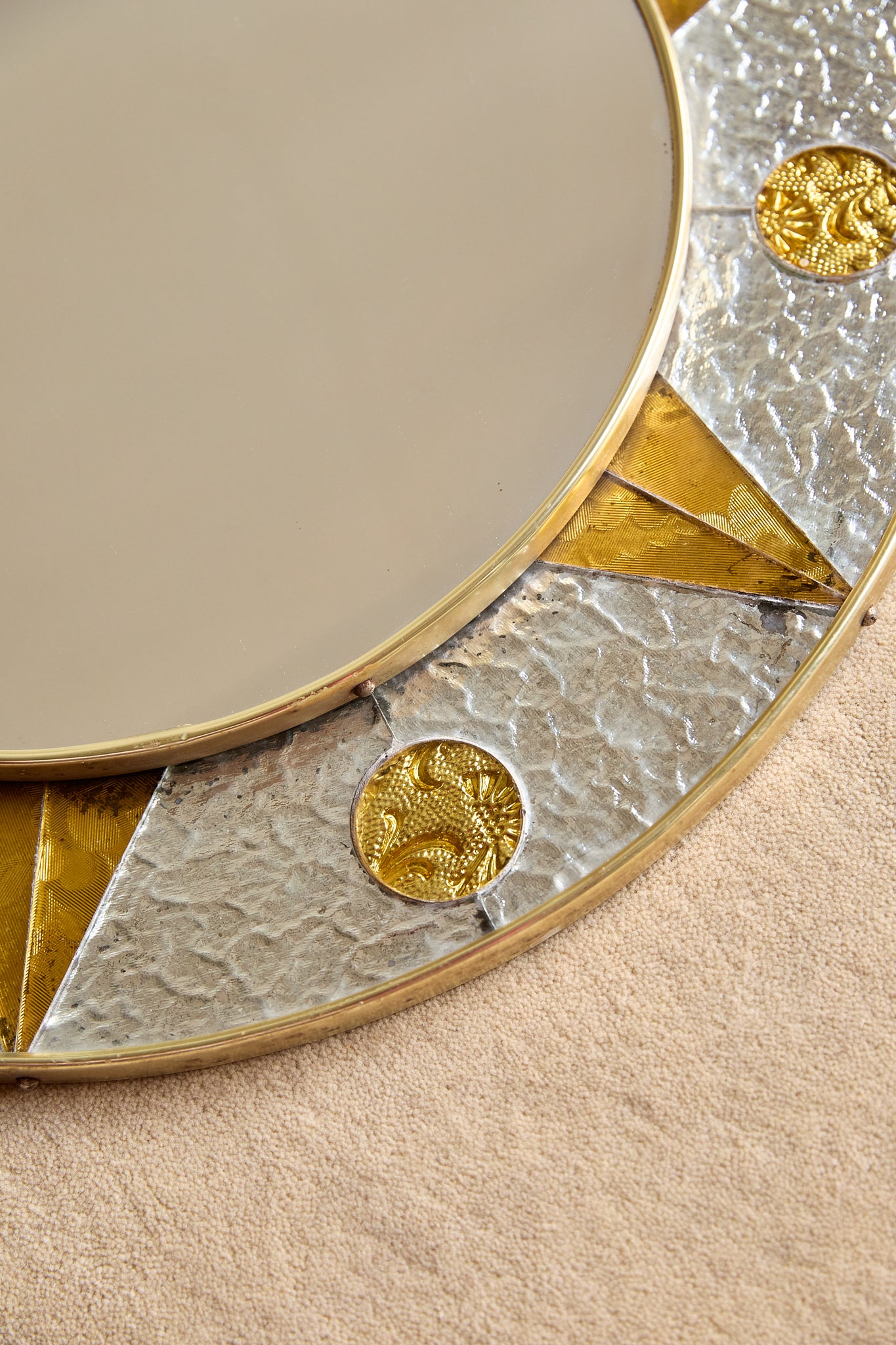 Vintage French Circular Mirror with Embossed Geometric Glass &amp; Metal Frame, c. 1960s