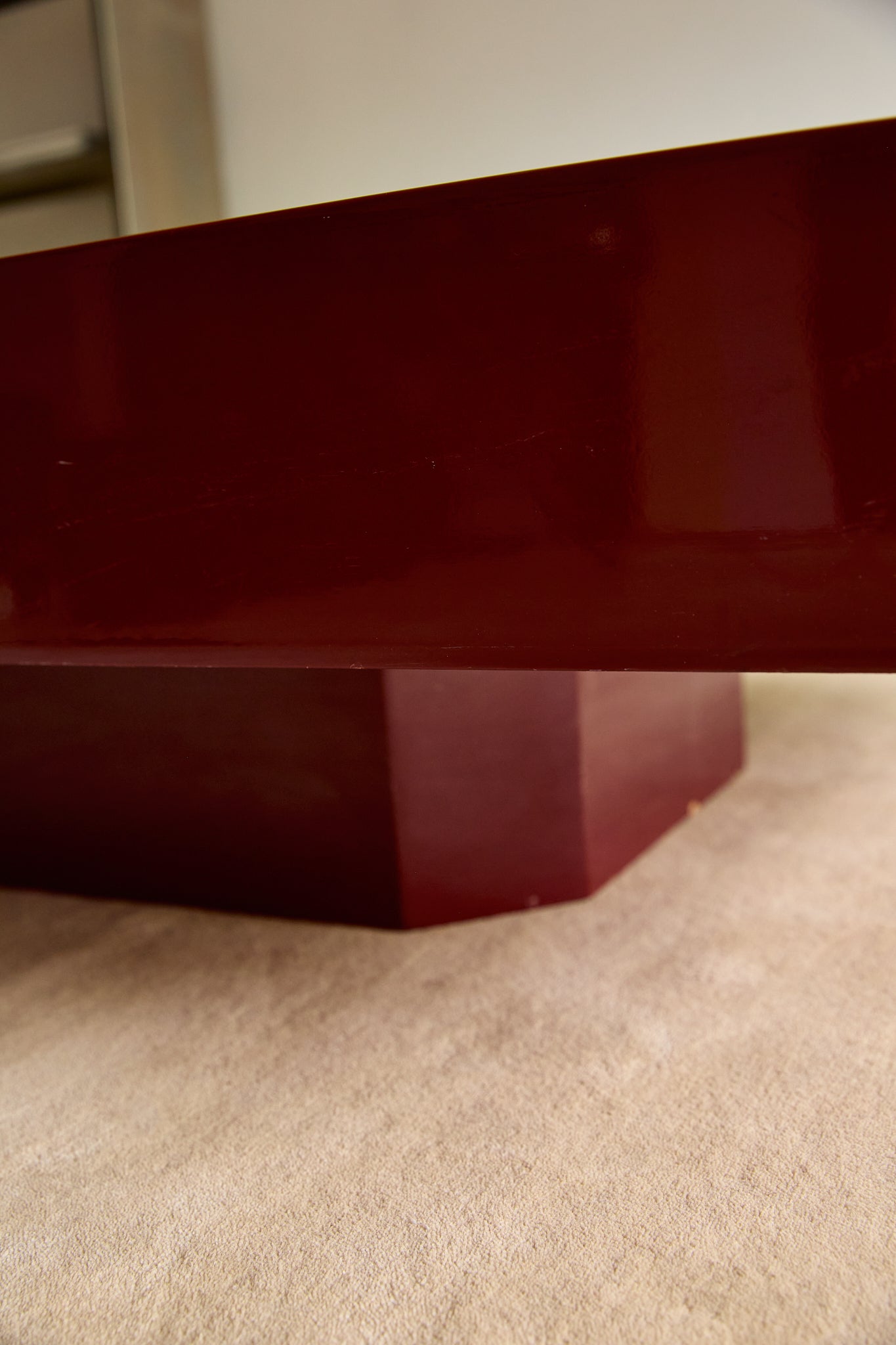 Vintage French Red Lacquered Floating Coffee Table with Canted Corners (c. 1970s)