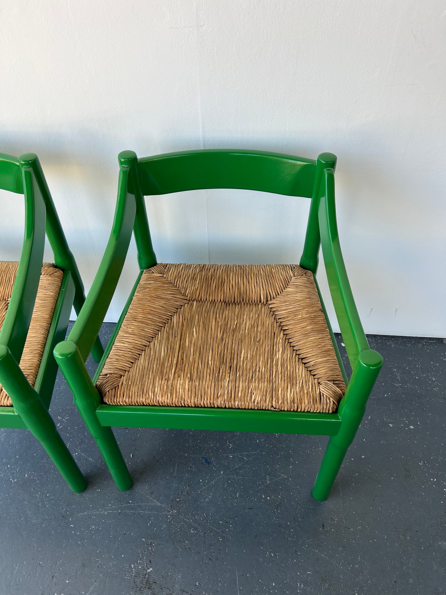 Set of x6 Glossy Green Carimate Carver Chairs by Vico Magistretti