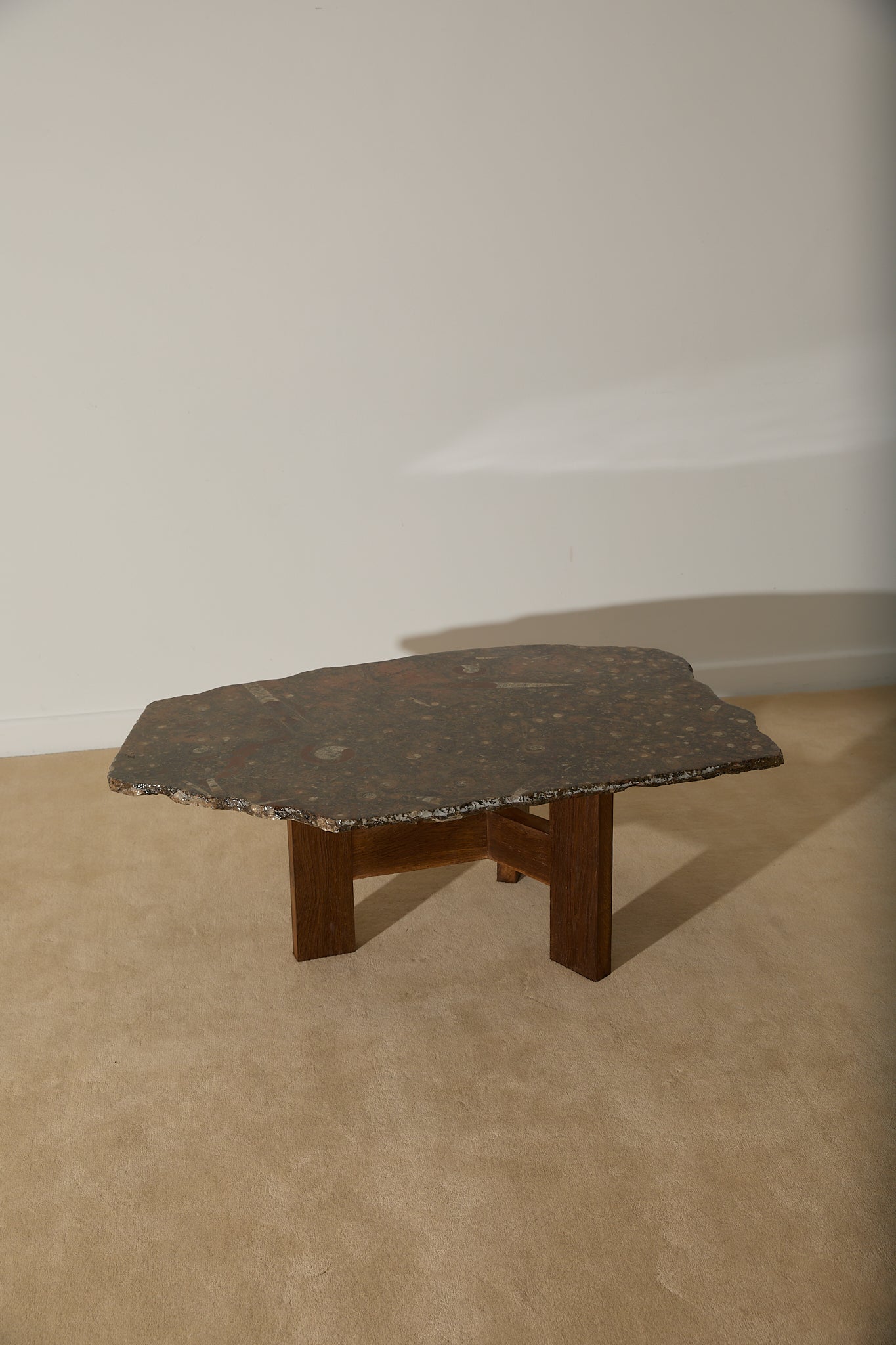 Primitive Orthoceras Fossil Cocktail Table – Devonian Limestone Slab on Wood Trestle Base