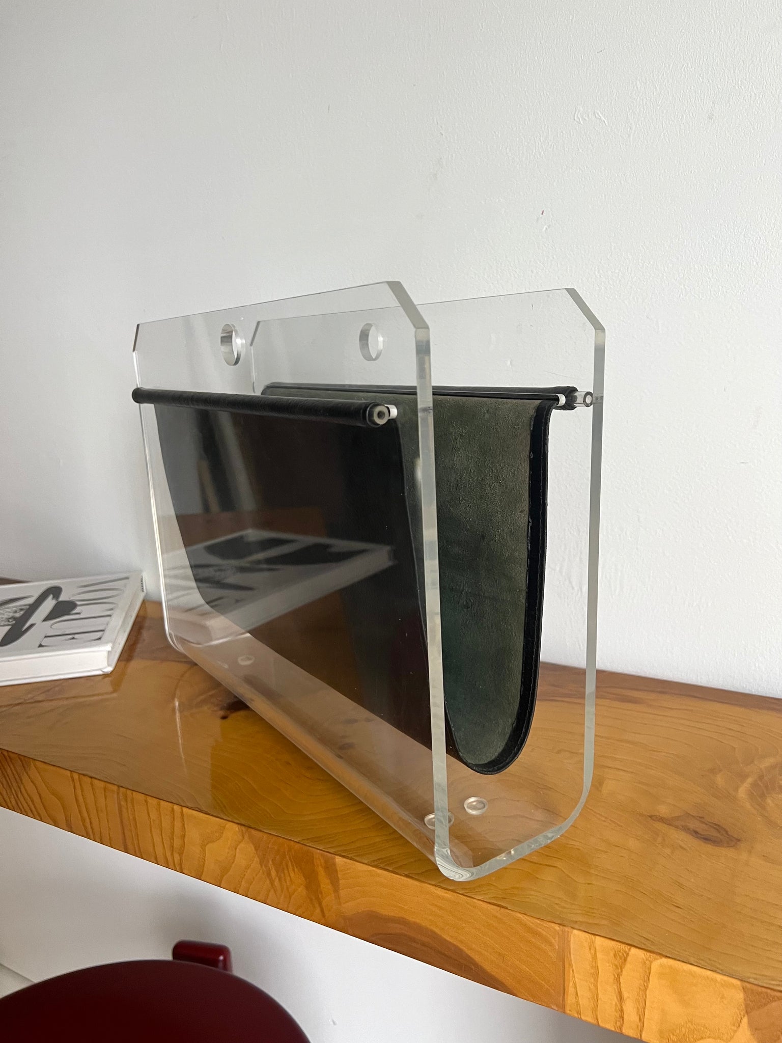 Mid Century Lucite and Leather Magazine Rack