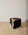 Genuine Cowhide Cube Ottoman – Tri-Color Brown & White Hair-on-Hide Footstool