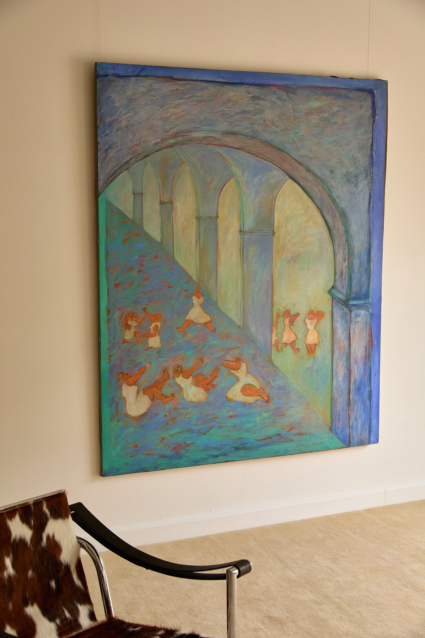 Large 1989 French Postmodern Neo-Symbolist Painting – Vestales dans les Jardins by B. Blanc-Fontonille