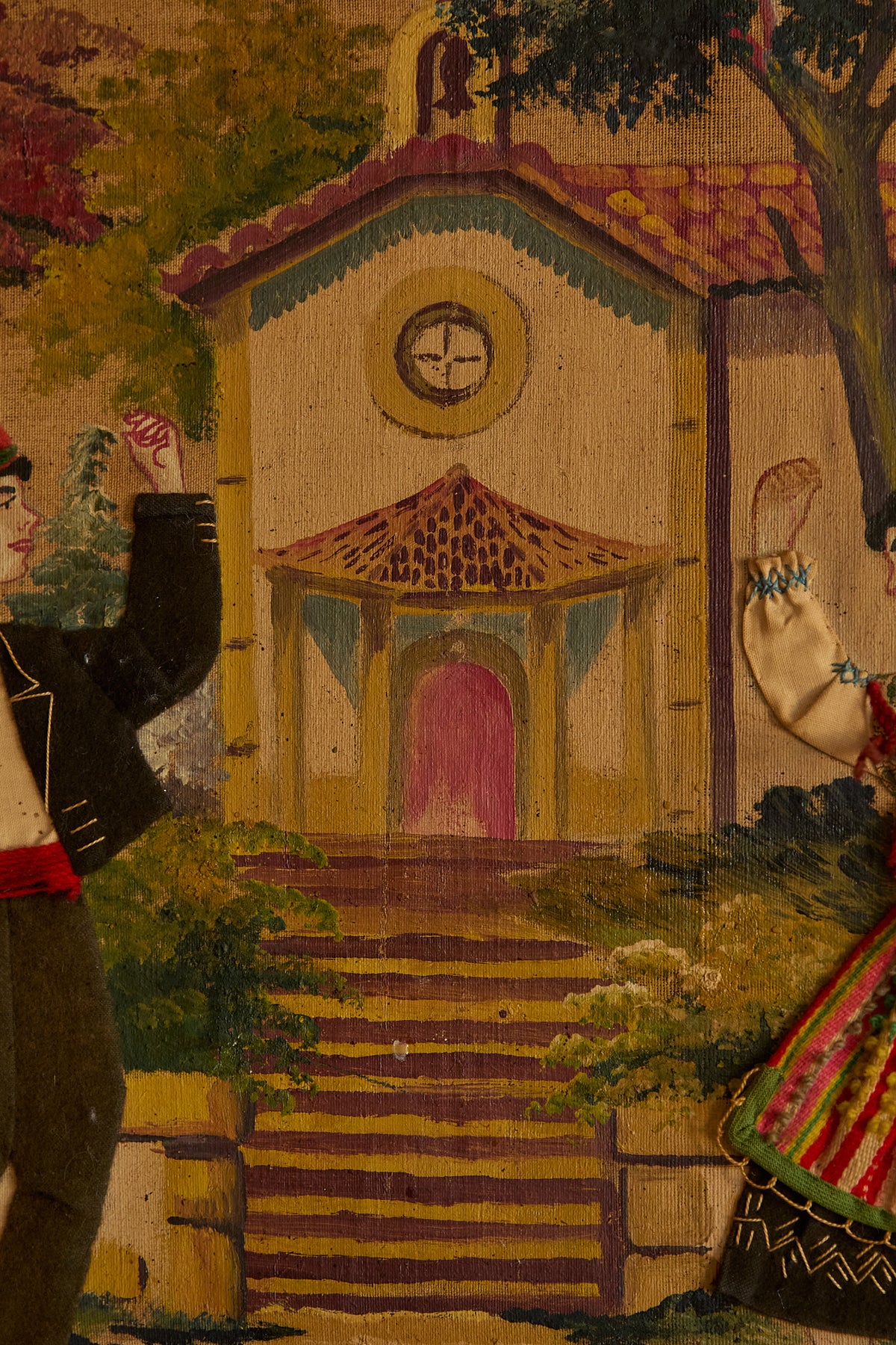 Vintage Framed European Folk Art Tapestry Wall Hanging – Village Festival Scene