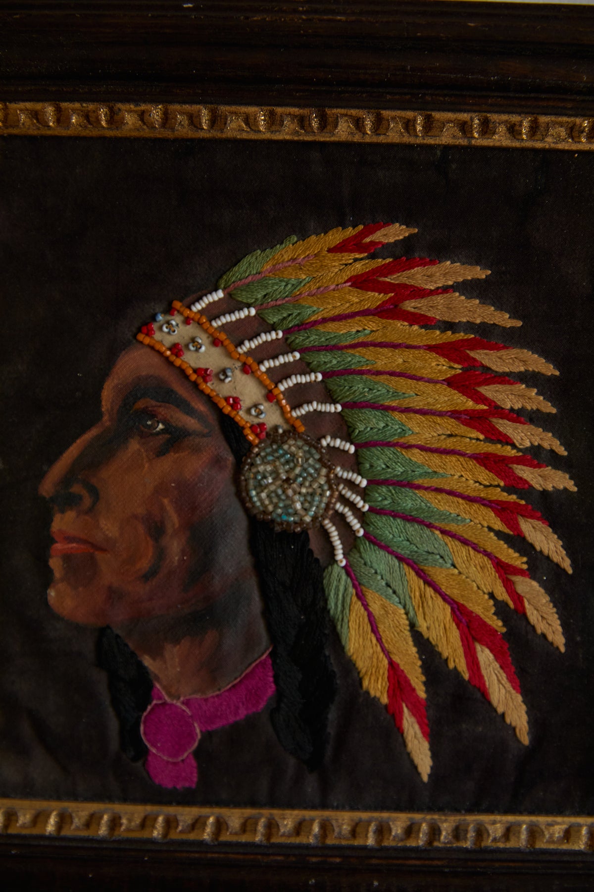 Antique Native American Chief Embroidered Portrait