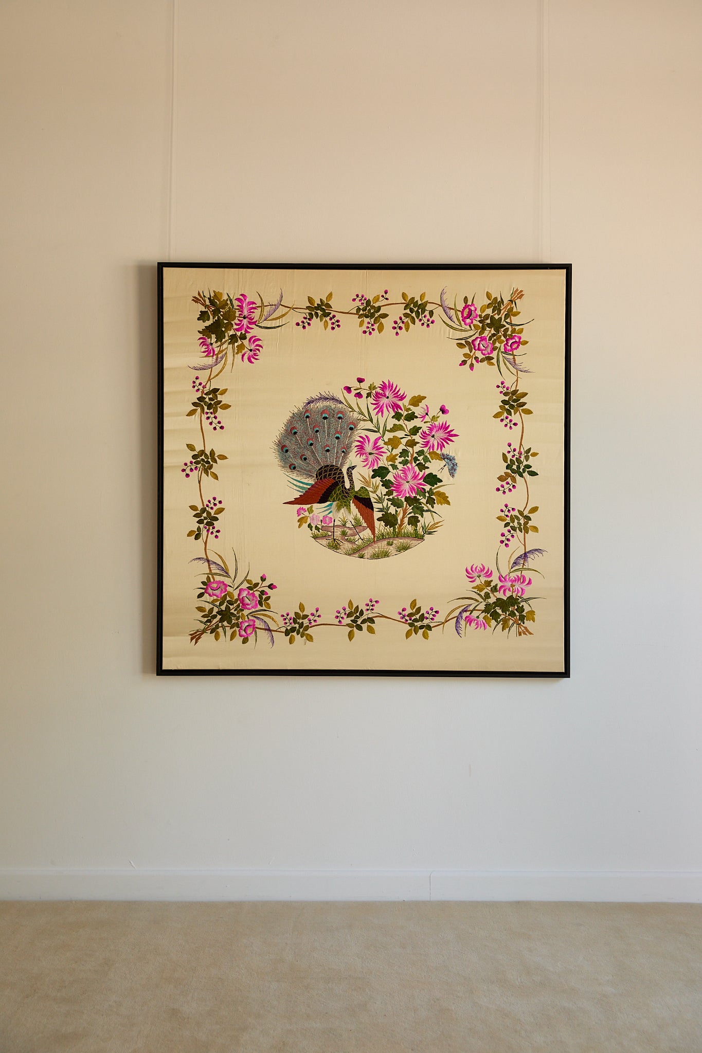 Vintage Large Framed Chinese Silk Embroidery Panel – Peacock &amp; Peony Floral Border