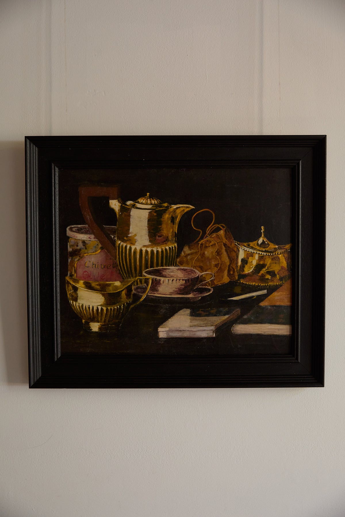 Gilded Still Life – Moody Vintage Oil Painting of Tea Service &amp; Curiosities