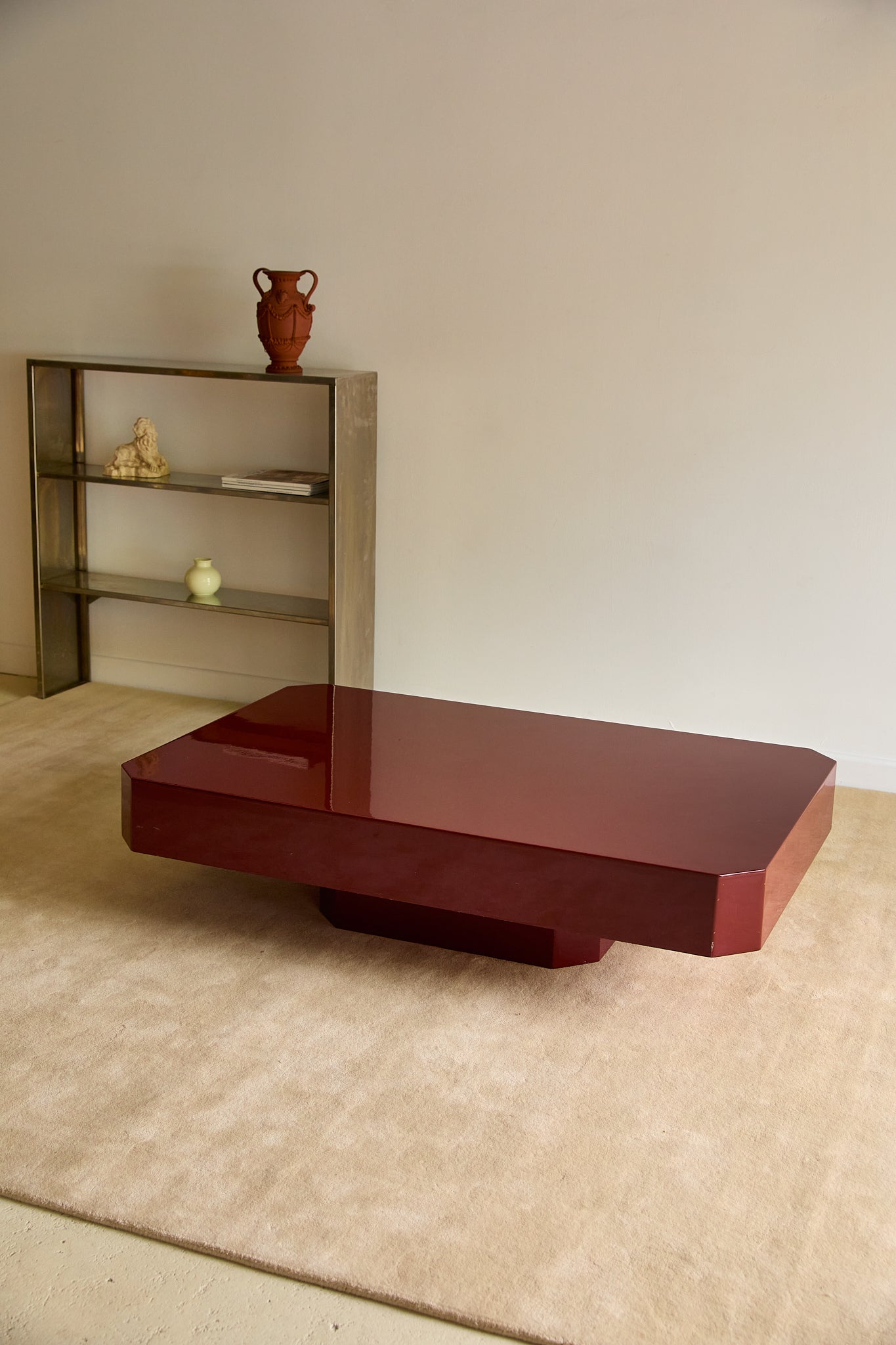Vintage French Red Lacquered Floating Coffee Table with Canted Corners (c. 1970s)