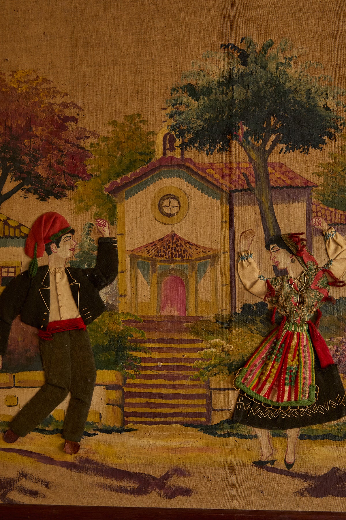 Vintage Framed European Folk Art Tapestry Wall Hanging – Village Festival Scene