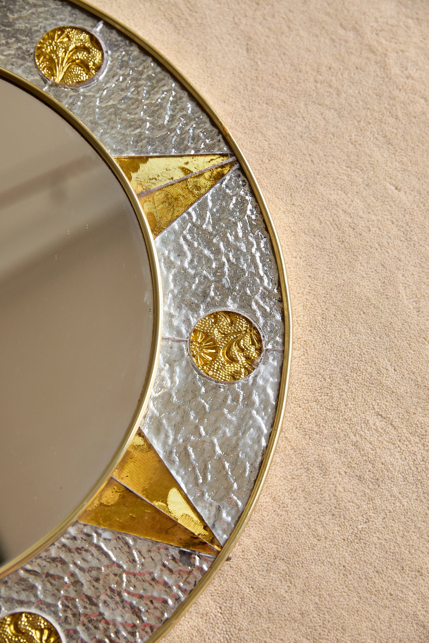 Vintage French Circular Mirror with Embossed Geometric Glass &amp; Metal Frame, c. 1960s