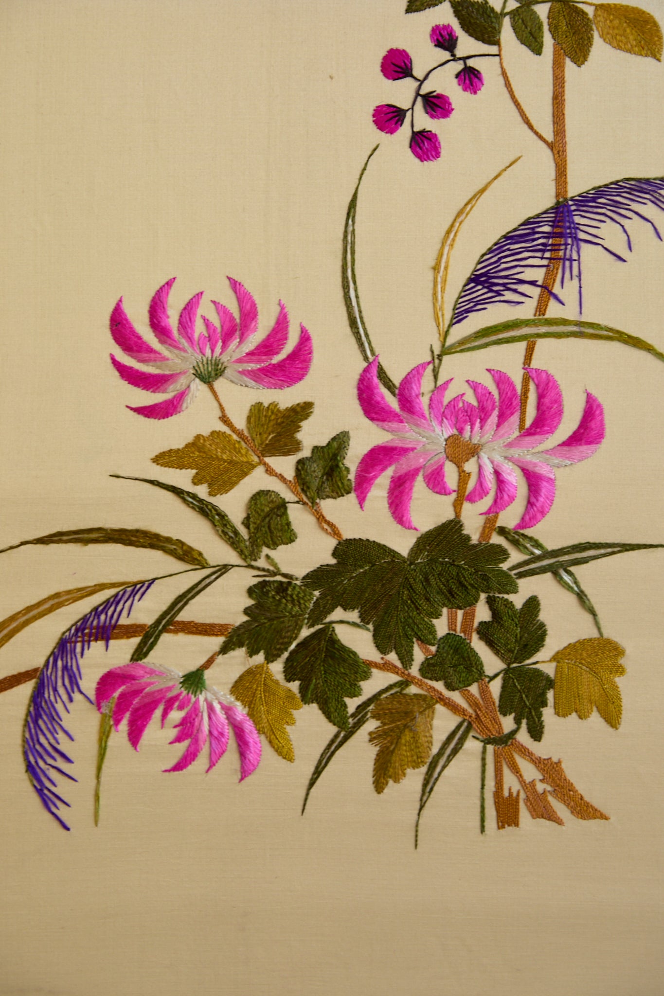 Vintage Large Framed Chinese Silk Embroidery Panel – Peacock &amp; Peony Floral Border