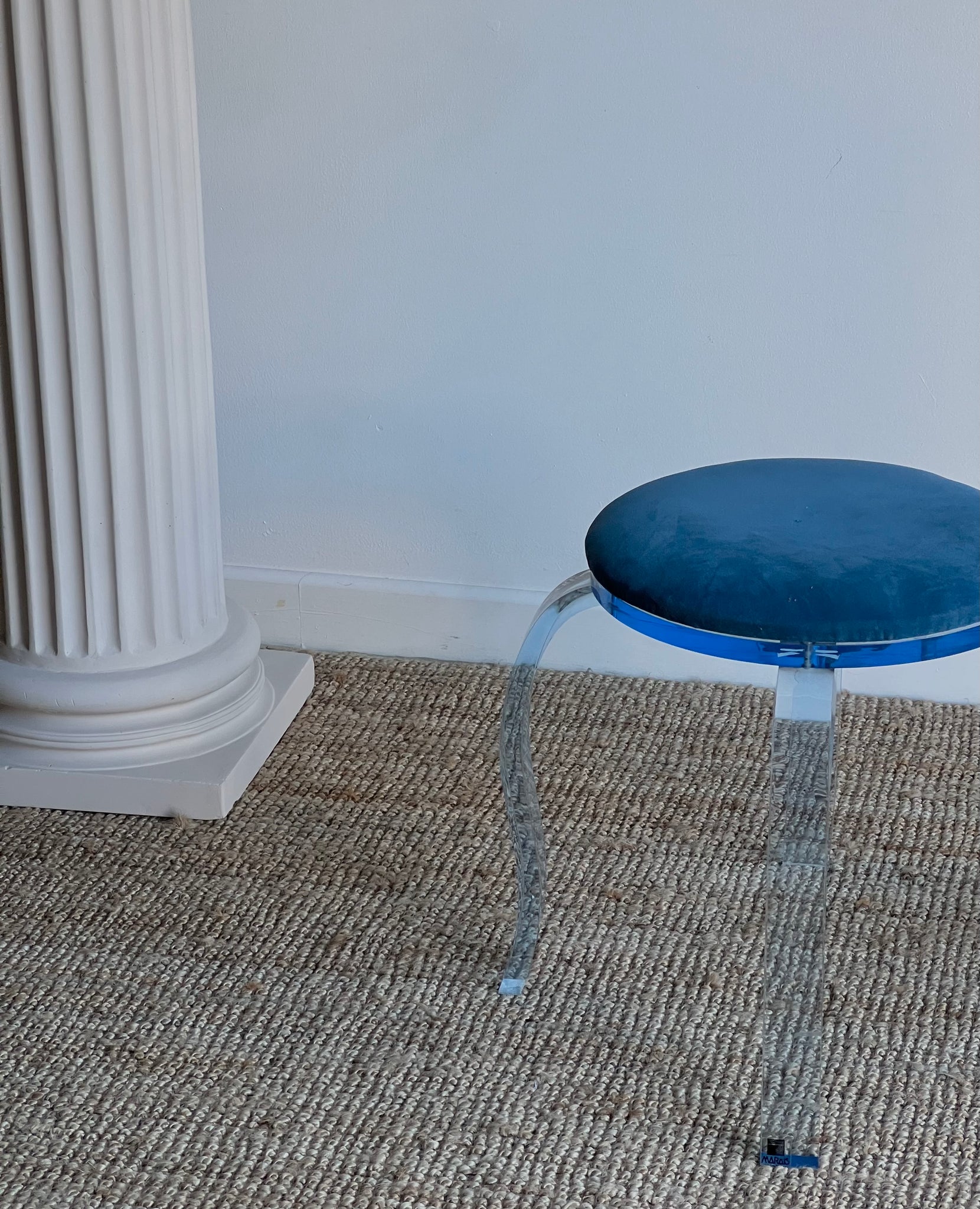 Blue Lucite and Velvet Stool