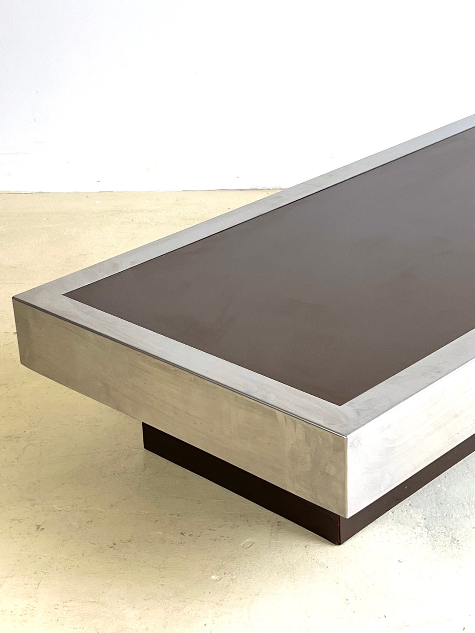 Willy Rizzo 1970s Chocolate Brown Glass and Brushed Steel Coffee Table