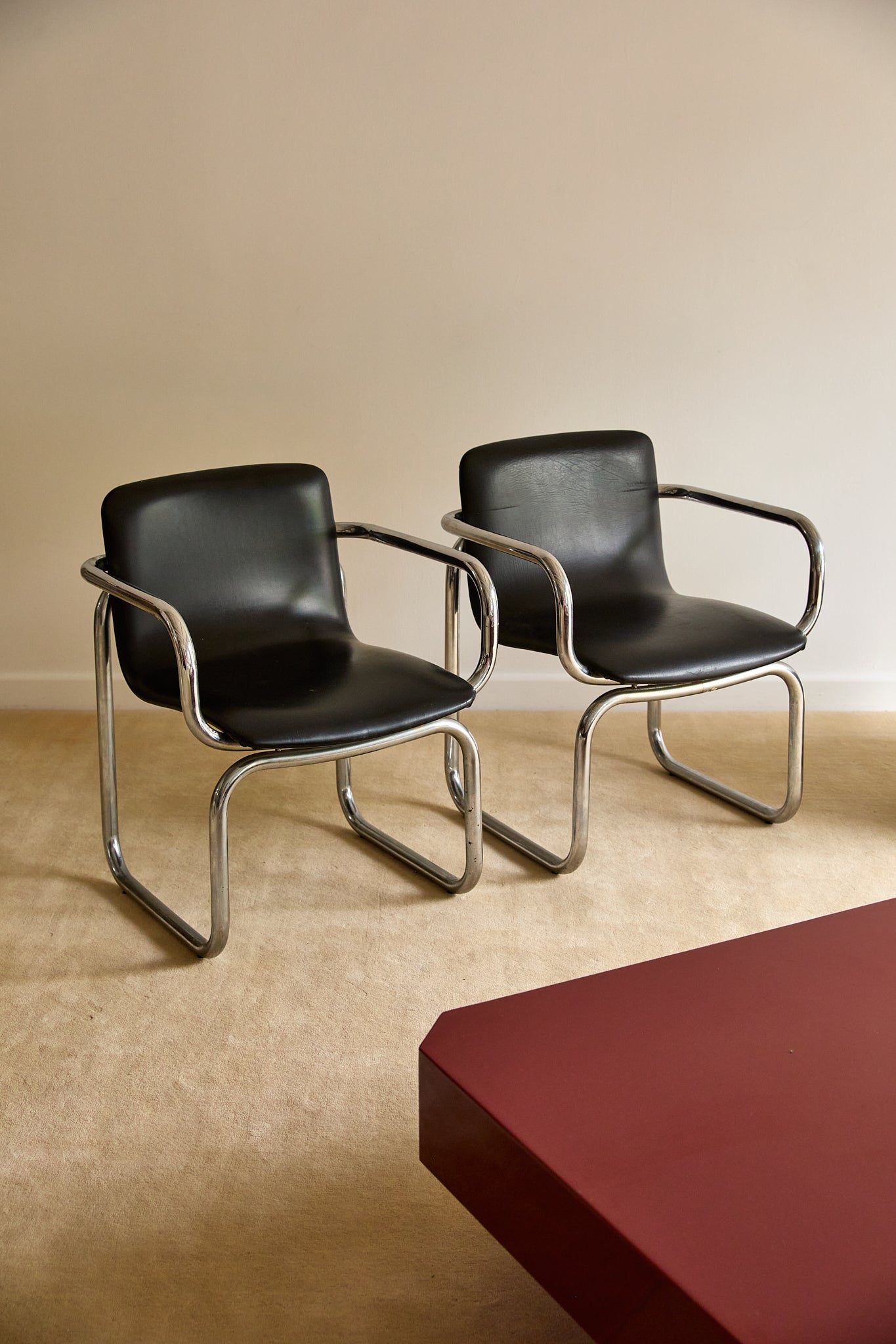 Pair of Vintage Postmodern Italian Black Leather &amp; Tubular Chrome Cantilever Armchairs (c. 1970s–1980s)