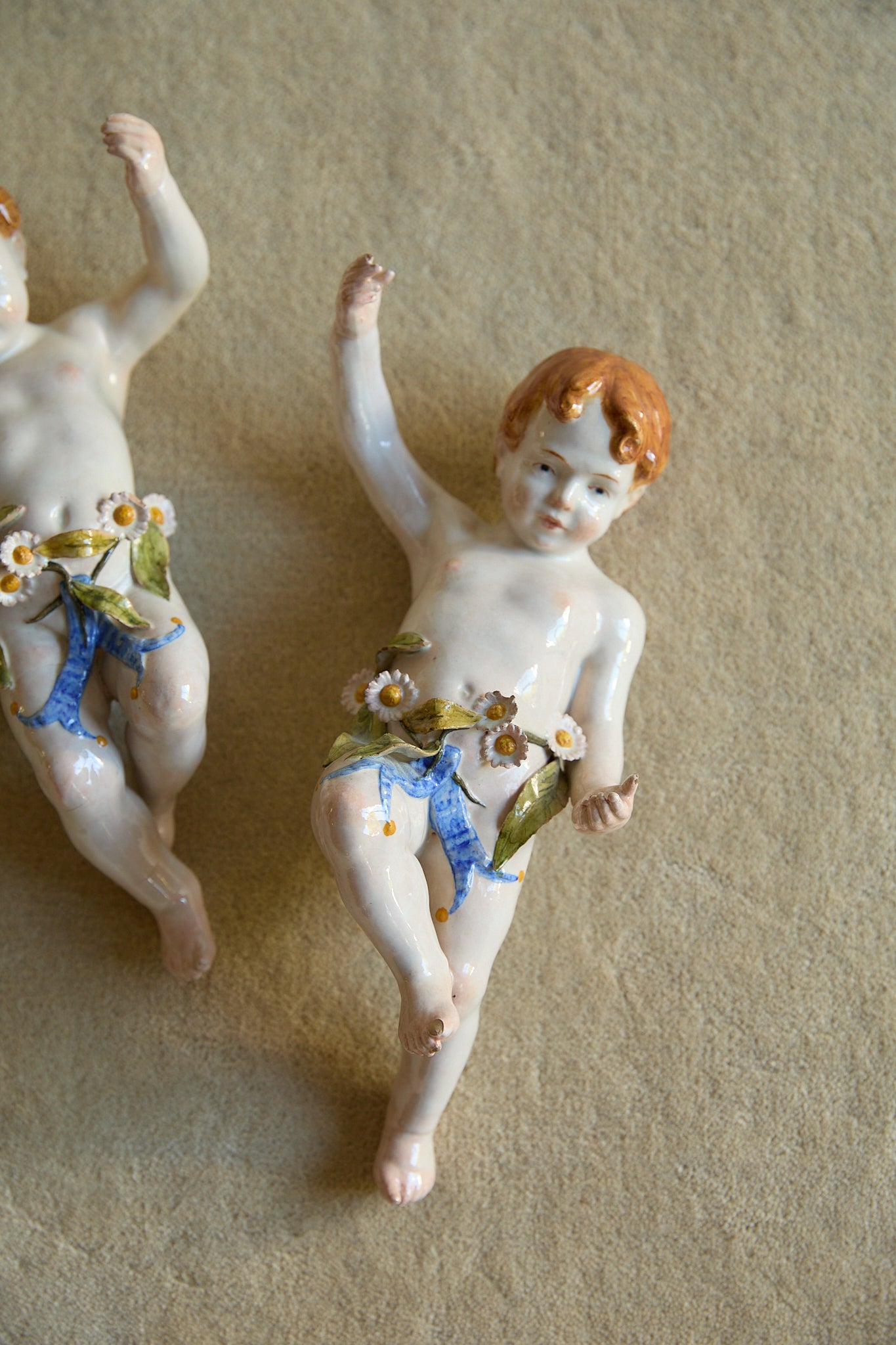Vintage Italian Porcelain Wall Cherubs — Matching Pair