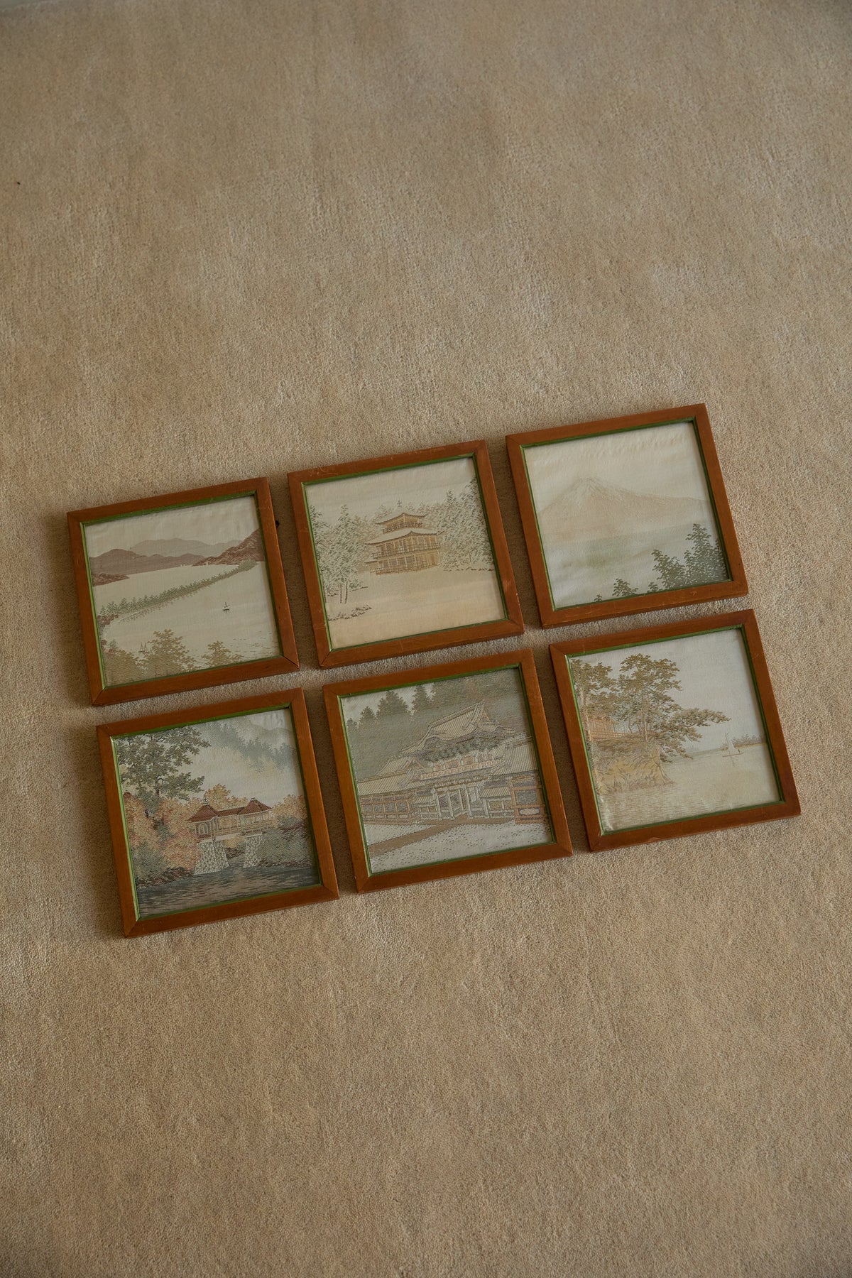 Vintage Japanese Hand-Embroidered Silk Landscape Art – Framed Set of 6