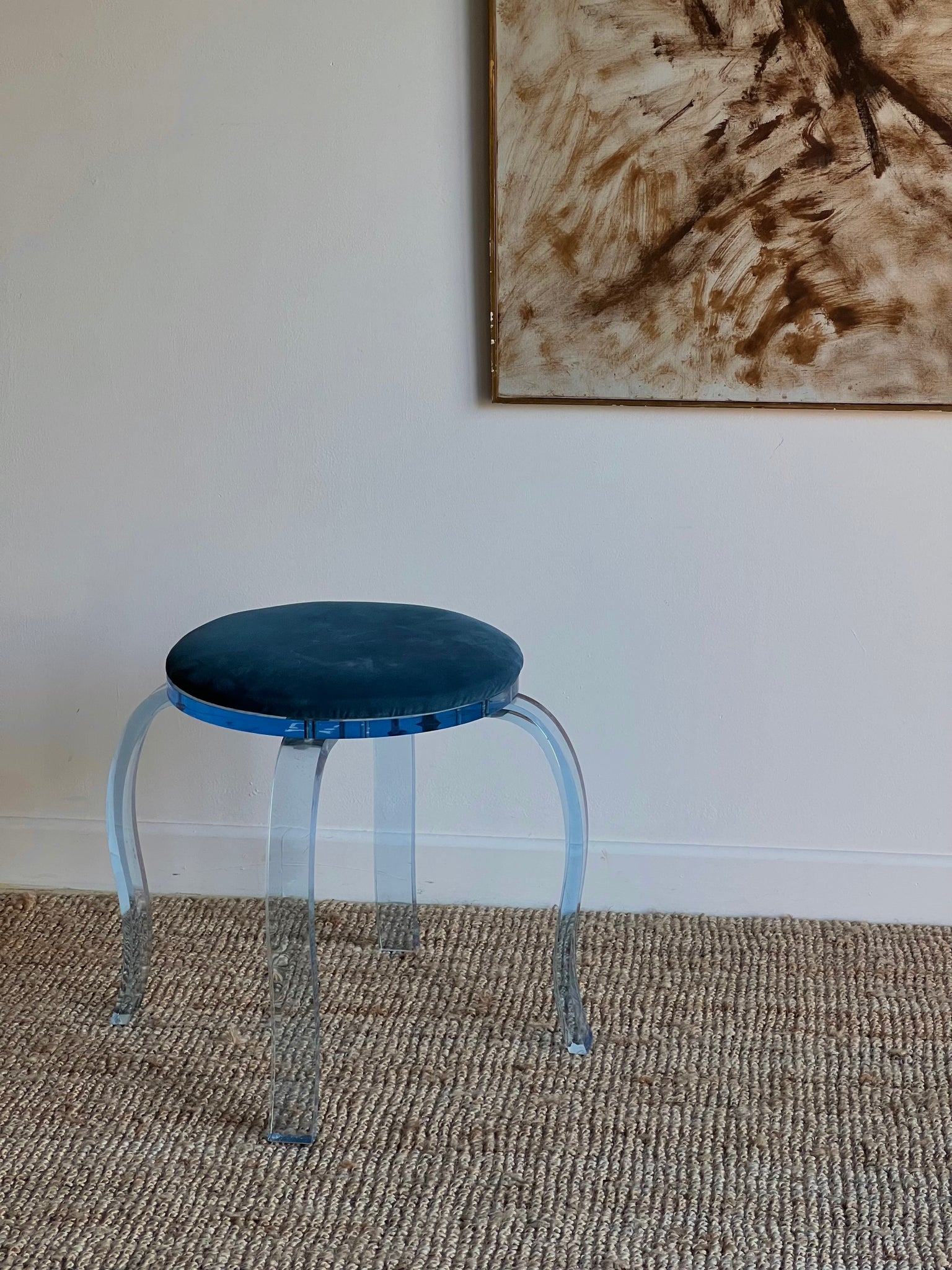 Blue Lucite and Velvet Stool